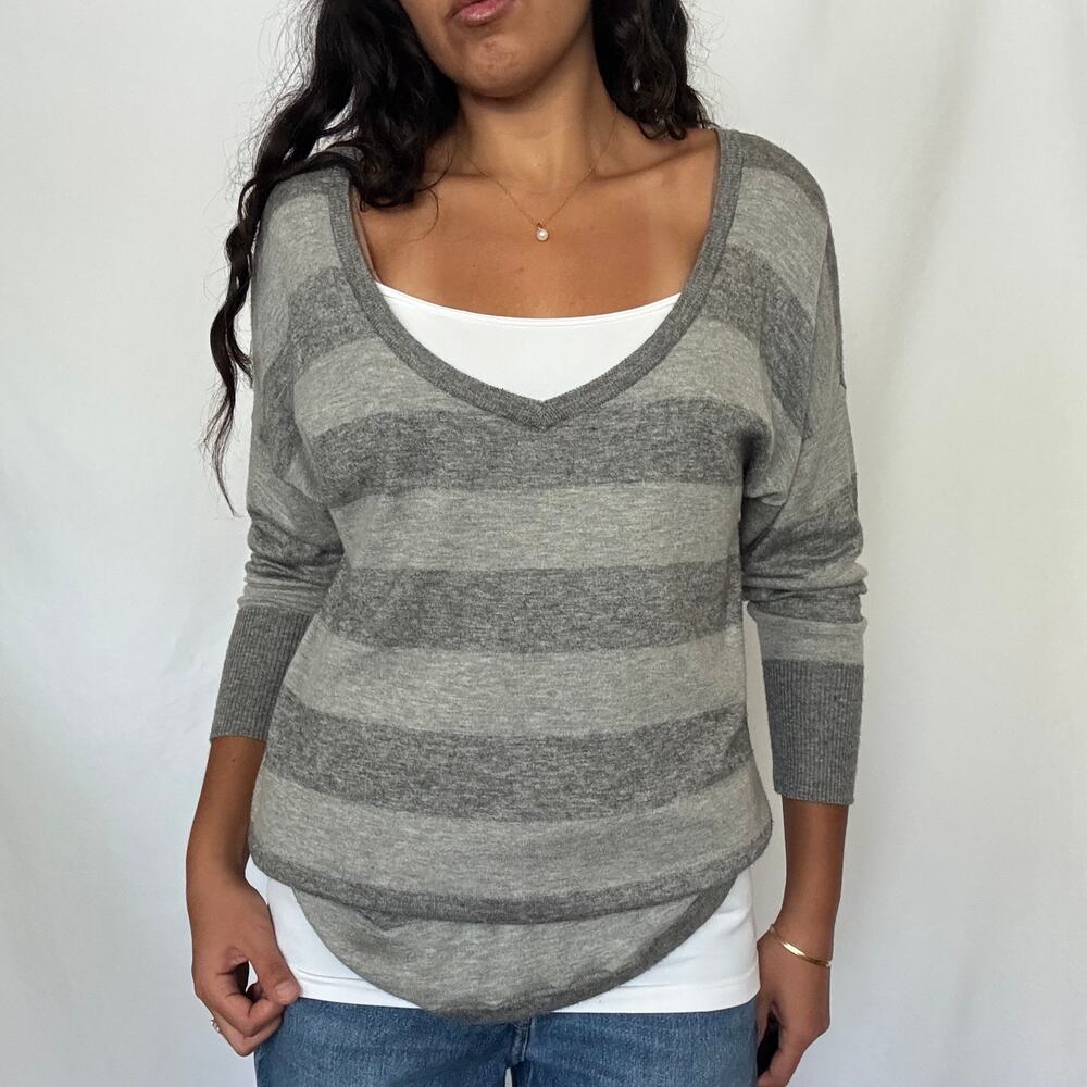 Gray Striped Wool Cashmere Blend Oversized V Neck Tunic Sweater